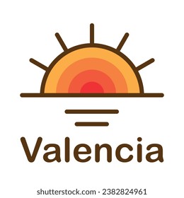 Vector illustration of the orange gradient sun during sunset on the sea isolated on a white background with lettering Valencia