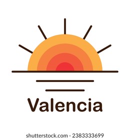Vector illustration of the orange gradient sun during sunset on the sea isolated on a white background with lettering Valencia