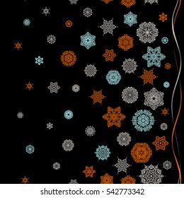 Vector illustration. Orange and gray Christmas frame with abstract snowflakes and dots on black background.