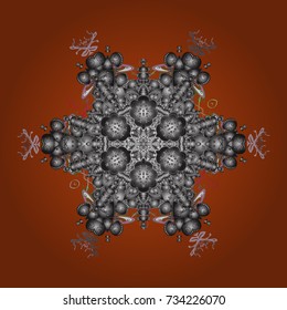 Vector illustration. Orange, gray and neutral colors with snowflakes. Isolated cute snowflakes on colorful background.