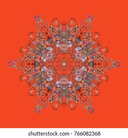 Vector illustration. A orange, gray and pink colors with snowflakes. Vector christmas abstract colorful background with cute snowflake.
