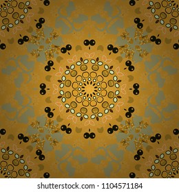 Vector illustration. Orange, green and black ethnic geometric motif seamless pattern on colorful abstract background.