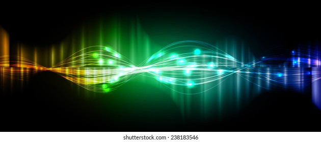 Vector illustration of orange green blue abstract background with blurred magic neon light curved lines. wave. Technology background for computer graphic website internet. 