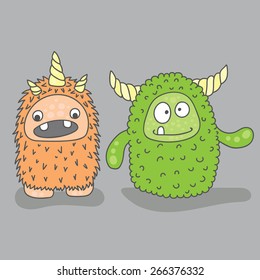 vector illustration of orange and green monster on a gray background