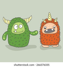 vector illustration of orange and green monster on a gray background