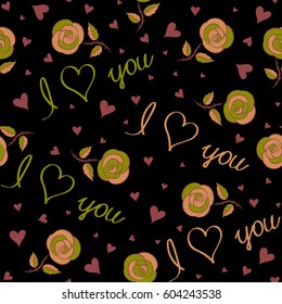 Vector illustration. Orange, green and red heart, letter and love text seamless pattern with abstract flower on a black background.