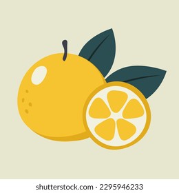 Vector illustration of orange and half of orange on a beige background. Hand-drawn fruits in bright colors. Suitable for illustrating healthy eating, recipes, local farm. Card with oranges