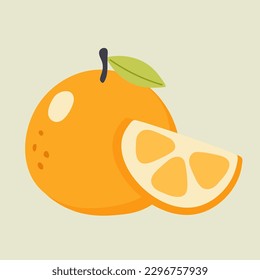 Ilustración vectorial de naranja y media naranja sobre un fondo beige. Frutos dibujados a mano en colores vivos. Idóneo para ilustrar la alimentación sana, las recetas, la granja local. Tarjeta con naranjas