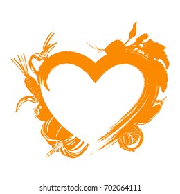 Vector illustration of orange hand drawn heart with different silhouette vegetables. Element for design.