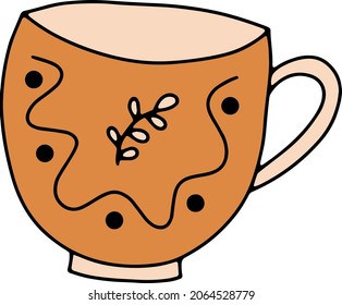 Vector illustration with orange handmade ceramic cup. Ceramic kitchen items with nature ornament design. Handmade pottery