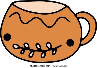 Ilustración vectorial con taza de cerámica de fabricación artesanal de color naranja. Artículos de cocina de cerámica con diseño de adornos naturales. Cerámica hecha a mano