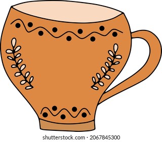 Ilustración vectorial con taza de cerámica de fabricación artesanal de color naranja. Artículos de cocina de cerámica con diseño de adornos naturales. Cerámica hecha a mano