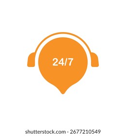 Vektorgrafik eines orangefarbenen Headsets mit einem 24h 7d-Zeichen in einer Sprechblase. Das Design eignet sich für Kundensupport, Rund-um-die-Uhr-Service, Helpdesk und Verfügbarkeitskonzepte