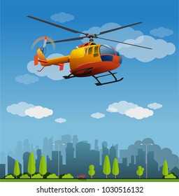 Vector illustration, orange helicopter in the sky