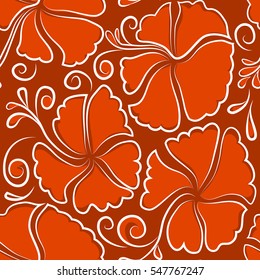 Vector illustration. Orange hibiscus flowers seamless pattern.