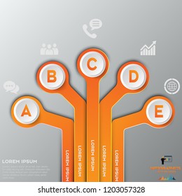 Vector illustration orange infographics 5 options. Data and information visualization. Dynamic infographics stylish geometric on the grey background.Eps 10 vector file.