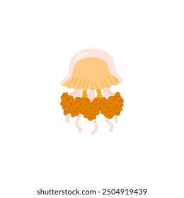 A vector illustration of an orange jellyfish, highlighting their charming tentacles. These aquatic creatures give an idea of life under the surface of the ocean.