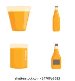 Ilustración vectorial de zumo de naranja en diferentes envases, incluyendo un vaso y botellas