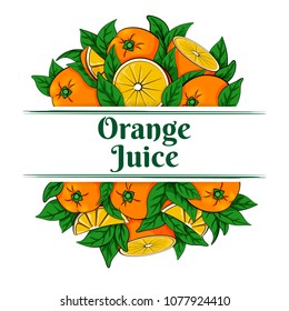 Vector illustration of a orange juice label with two groups of fresh ripe oranges and green leaves on a white background.