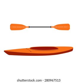 Vector illustration of orange kayak and plastic, rowing oar. Kayak isolated, sea kayak