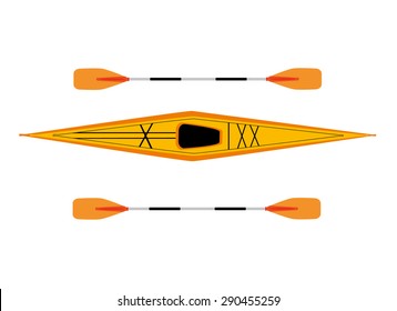 Vector illustration of orange kayak and plastic, rowing oar. Kay