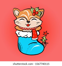 Vector illustration of a orange kitten sitting in a knitted New Year and Christmas sock with decorations on the background