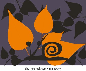 vector illustration with orange leaf blue background and black snail