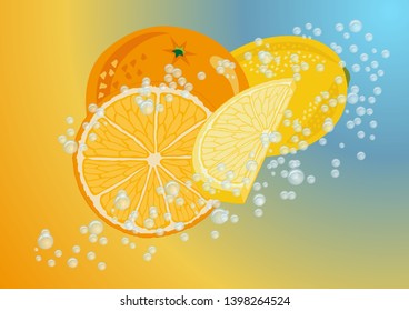 Vector illustration for orange and lemon sparkling fruit juice.