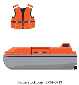Vector illustration of orange life boat and life jacket. Life guard. Life saver. Rescue boat. Life raft. Vector icon set