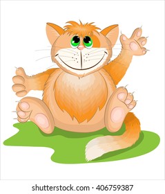 Vector illustration orange little cat,sitting on the grass.