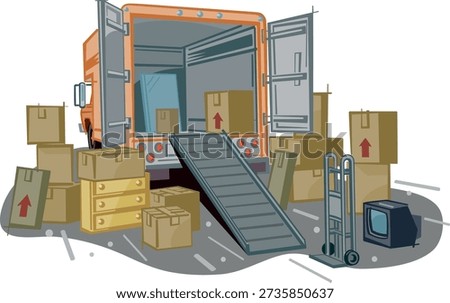 A vector illustration of an orange moving truck being loaded with household goods, including cardboard boxes, a chest of drawers, a hand truck, and a television. The ramp is extended for easy loading, and the boxes feature orientation arrows. Ideal for moving companies, relocation services, and logistics-related designs.