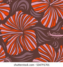 Vector illustration of orange, neutral and brown hibiscus flowers. Seamless pattern with orange, neutral and brown flowers. Vector illustration.