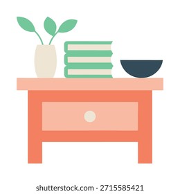 Ilustración vectorial de una mesita de noche naranja con elementos interiores