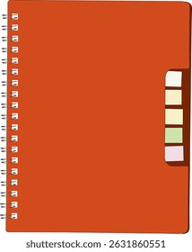 Vector illustration of an orange notebook with colorful marks inside. The notebook design features vibrant orange cover with multicolor highlights, ideal for school, office, or creative projects. Edit