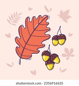 Vector illustration of orange oak leaf and acorn in doodle style isolated on a light background with autumn leaves