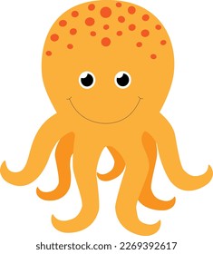 Vector illustration of orange octopus character with smiling face in cartoon style