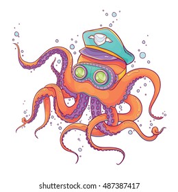 Vector Illustration of Orange Octopus Wearing Captain Hat and Steampunk Goggles isolated on White Background

