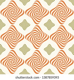 Vector illustration of orange, olive and white warped rhombuses and stars in checkered geometric layout. Seamless repeat pattern for gift wrap, textile, fabric, scrapbooking and fashion.