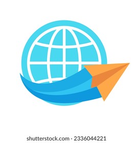 Vector illustration of an orange paper airplane circling the globe