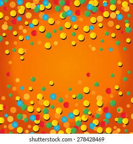 Vector illustration of an orange party background with colorful confetti and copyspace for your text