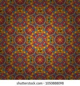 Vector illustration. Vector orange, pink and blue simple mandala optical illusion, psychedelic trippy abstract seamless pattern texture.