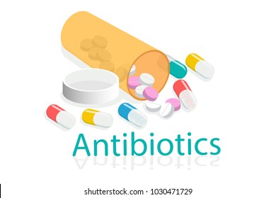 Vector illustration of orange plastic jar with antibiotics pills.