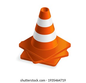 Vector illustration orange plastic traffic cones isolated on white background. Realistic orange road cones with stripes icon in flat cartoon style.