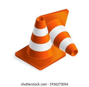 Vektorgrafik orangefarbene Plastikhörner einzeln auf weißem Hintergrund. Realistische orangefarbene Straßenecken mit Stripsymbol im flachen Cartoon-Stil.