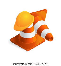 Vector illustration orange plastic traffic cone and construction helmet isolated on white background. Realistic orange road cone with hard hat icon in flat cartoon style. Under construction.
