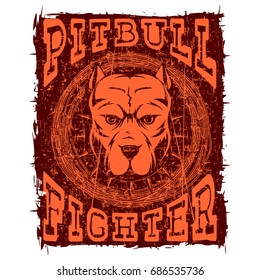 Vector illustration orange portrait of fighting dogs breed pit bull on grunge background. Head of dog with collar with spikes in frame of barbed wire and inscription pitbull fighter. 