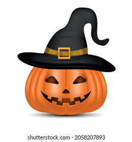 Vector illustration of an orange pumpkin in a black hat.Holiday, Halloween.