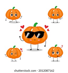 Vector illustration of orange pumpkin character with various cute expression, funny, isolated on white background, vegetable for mascot collection, emoticon kawaii, lovely, adorable, happy