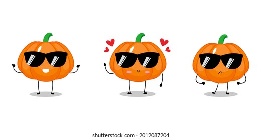 Vector illustration of orange pumpkin character with cute expression, funny, isolated on white background, vegetable for mascot collection, emoticon kawaii, lovely, cool, sunglasses