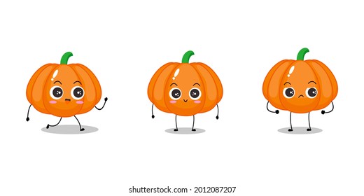Vector illustration of orange pumpkin character with various cute expression, funny, isolated on white background, vegetable for mascot collection, emoticon kawaii, happy, adorable